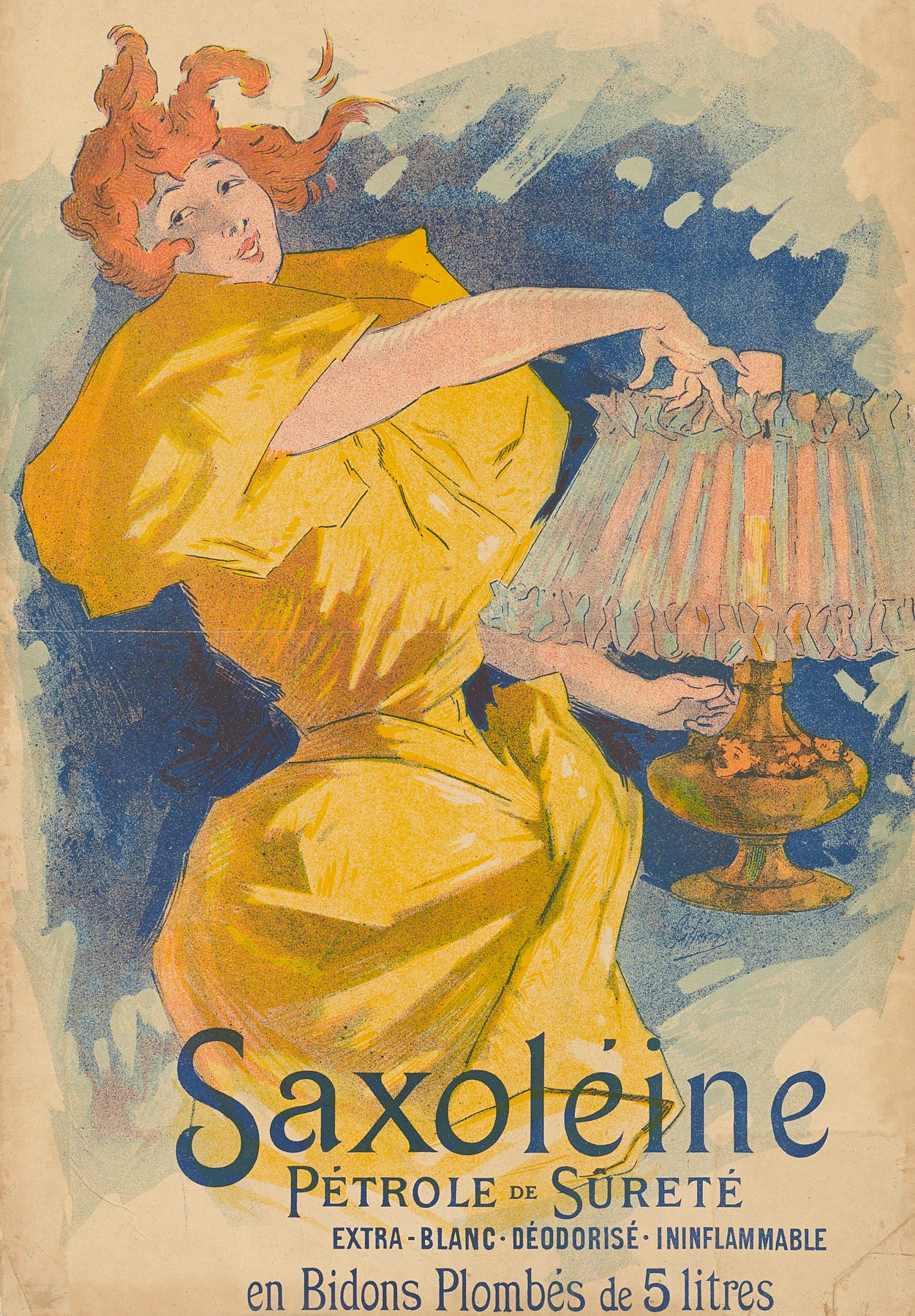 Saxoléine, pétrole de sûreté en bidons plombés de 5 litres, 1896, Jules Chéret
