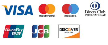 Logotipos de tarjetas de credito y debito aceptadas: Visa, Mastercard, Maestro, Diners Club, UnionPay, JCB, Discover