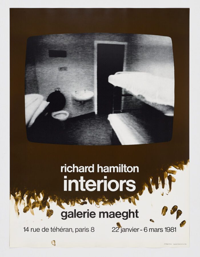About the work 1981 poster advertising Hamilton's "Interiors" show at Galerie Maeght, 14 rue de Teheran, Paris, France. The exhibition was from 22 January to 6 March, 1981.This image was created by Hamilton in a response to a hunger strike organized by jailed IRA members during the Prime MinisterThatcher years. It is … Read more Materials Offset Lithograph Size 31 1/2 × 23 1/2 in | 80 × 59.7 cm Rarity Unknown edition Medium Print Condition A: Mint Signature Not signed Certificate of authenticity Included (issued by gallery) Frame Not included RH RH Richard Hamilton British, 1922–2011 Follow In his celebrated collages that set the stage for Pop art, Richard Hamilton explored the relationship between fine art, product design, and popular culture. Hamilton’s style is exemplified in his most famous work, Just What Is It that Makes Today’s Homes So Different, So Appealing? (1956), which features a mélange of disparate images cut out from magazines. The result is a strange, domestic interior scene featuring a nude couple rendered in grayscale. When the Whitechapel Gallery included the piece in its seminal “This Is Tomorrow” exhibition in 1956, it was met with acclaim and helped spur the development of Pop art. Hamilton’s work has been exhibited in New York, London, Paris, Cologne, Seoul, and Los Angeles and belongs in the collections of the Kunstmuseum Basel, the Tate, the Victoria and Albert Museum, the Guggenheim Museum, the Metropolitan Museum of Art, and the Museum of Modern Art. His pieces have sold for six figures on the secondary market. Established Represented by industry leading galleries. Collected by a major museum Museum of Modern Art (MoMA)|Centre Pompidou|Tate|Solomon R. Guggenheim Museum|The Metropolitan Museum of Art|National Gallery of Art, Washington, D.C.|Louisiana Museum of Art|Hirshhorn Museum and Sculpture Garden|Museu d'Art Contemporani de Barcelona (MACBA)|Museo Reina Sofia|Art Institute of Chicago|MCA Chicago|Moderna Museet, Stockholm Selected exhibitions 2025 Found Objects, Cristea Roberts Gallery 2024 REMASTERED, Cristea Roberts Gallery 2014 Richard Hamilton - Word and Image: Prints 1963 - 2007, Cristea Roberts Gallery View all A A ArtWise Brooklyn Interiors, 1981, Richard Hamilton,