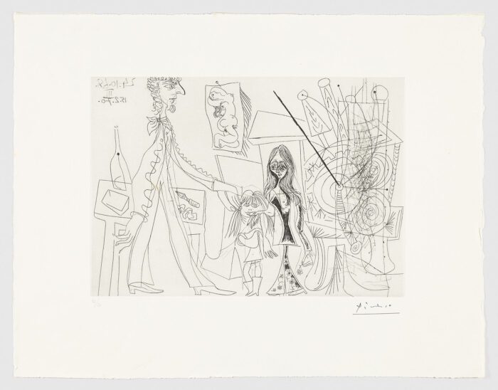 En el taller de grabado: Piero Crommelynck con su mujer y su hija, 1970, Pablo Picasso
