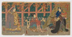 Actores Bandō Hikosaburō IV como Muroto Sadayuki, Onoe Baikō IV como Kōbaimaru, and Ichikawa Kodanji IV como Hōryō Ajari
