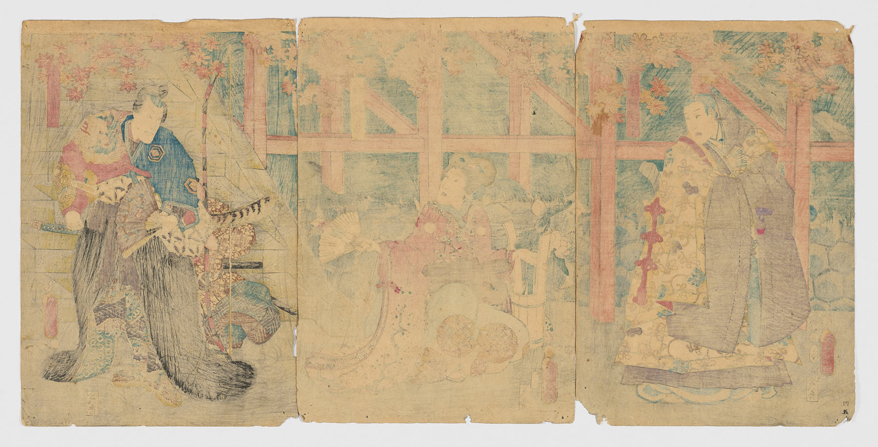 Actores Bandō Hikosaburō IV como Muroto Sadayuki, Onoe Baikō IV como Kōbaimaru, and Ichikawa Kodanji IV como Hōryō Ajari - Imagen 2