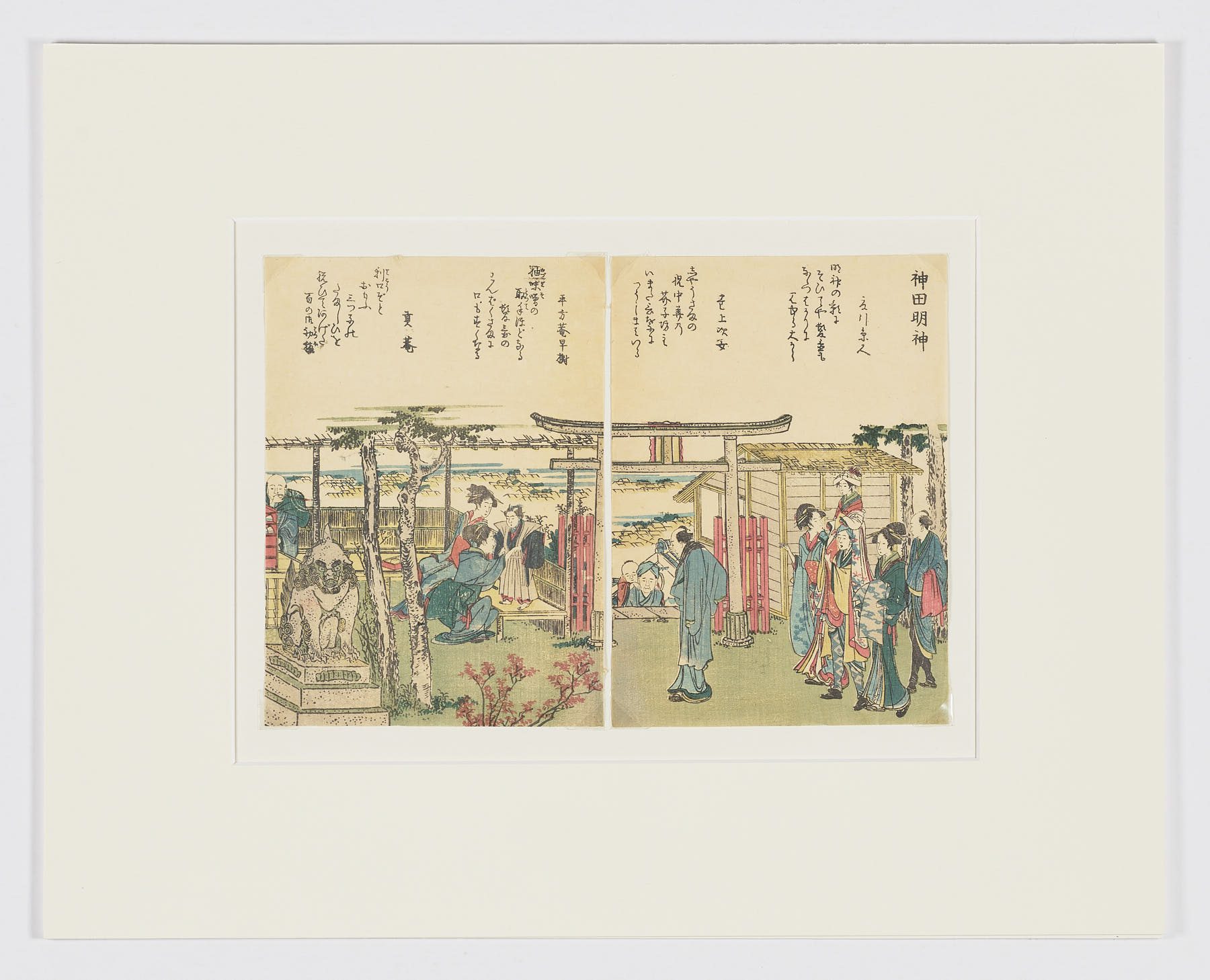 Vista del santuario Kanda Myōjin, con poemas de Hirakataan Hayaki, Mitsugian y dos colaboradores, Katsushika Hokusai
